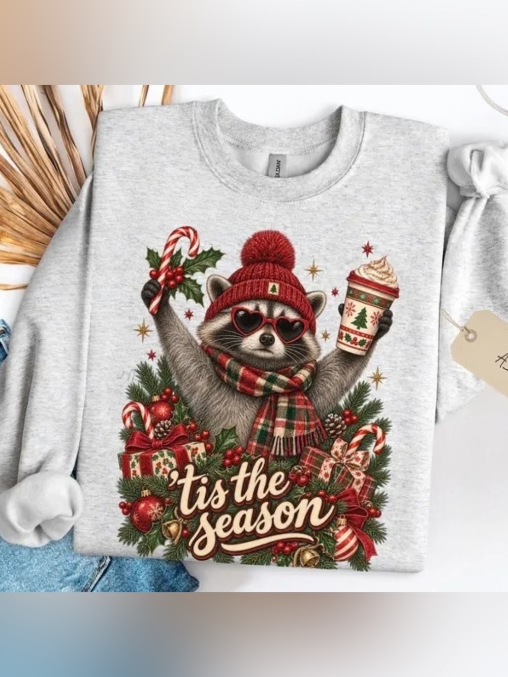 Christmas Raccoon Sweatshirt, Funny Tis The Season, Retro Holiday Raccoon
